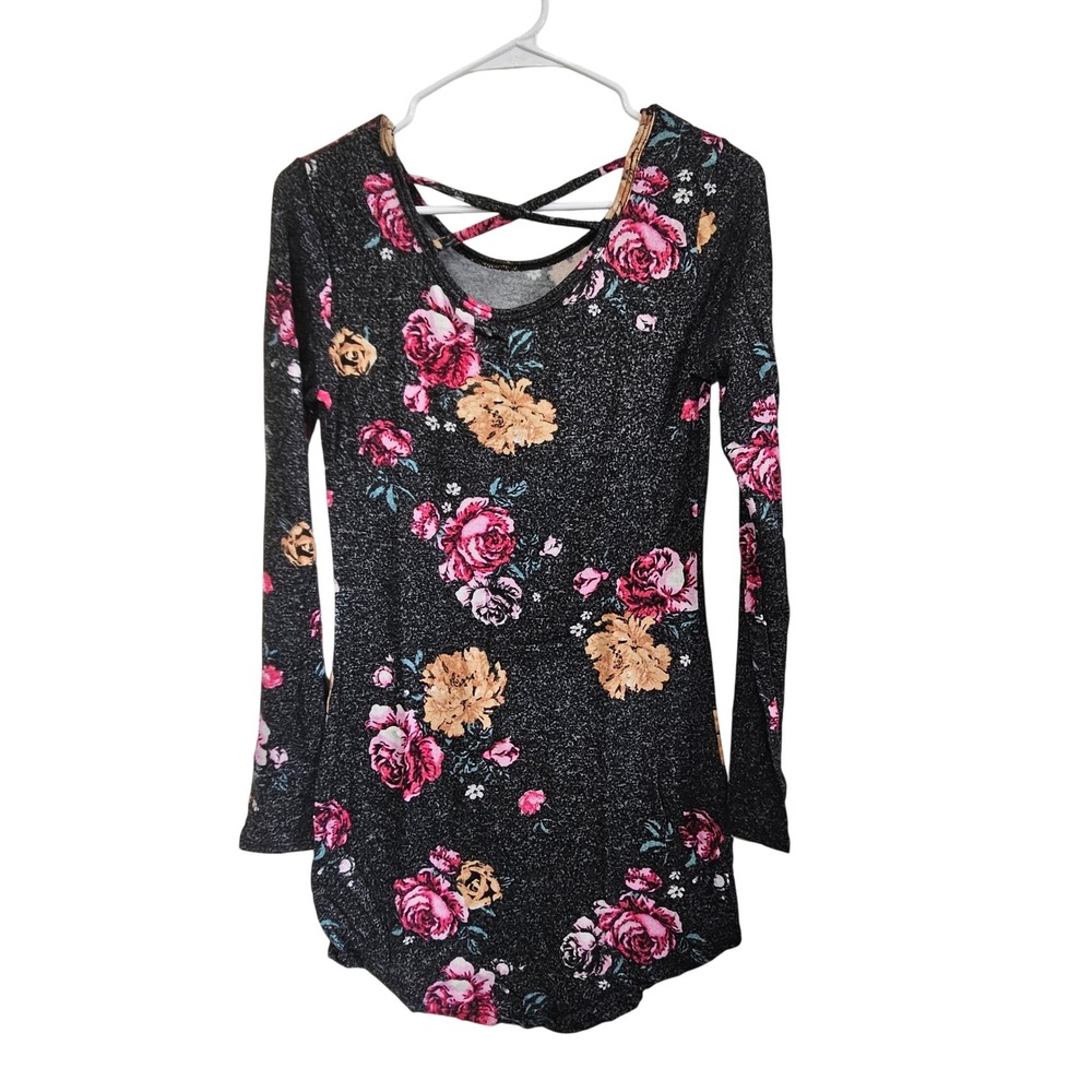 Womens Long Sleeve Black Floral Print Criss Cross Back Top
